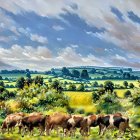 Scenic pastoral landscape with grazing cows and blooming trees