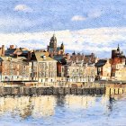 Impressionistic painting of European town with historic buildings by tranquil river