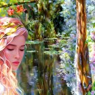 Woman with Golden Hair and Flowers in Colorful Forest Scene