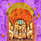 Ornate Golden Cathedral Interior with Stained Glass & Floral Surrealism