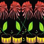 Stylized red flower growth sequence in pots on black background