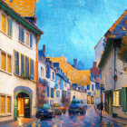 Vibrant oil painting of a picturesque street scene after rain