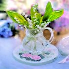 Floral Ceramic Jug and Plate with Green Leaves and White Blossoms