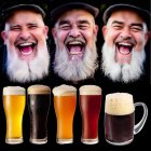 Cartoon men with beards and beer glasses with foam levels and colors.