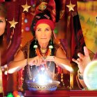 Colorful Fortune-Tellers with Mystical Objects Behind Curtains