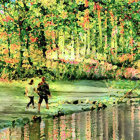 Couple by Tranquil Pond Surrounded by Autumn Foliage