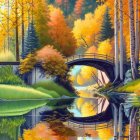 Tranquil autumn scene with reflective river, curved bridge, golden trees