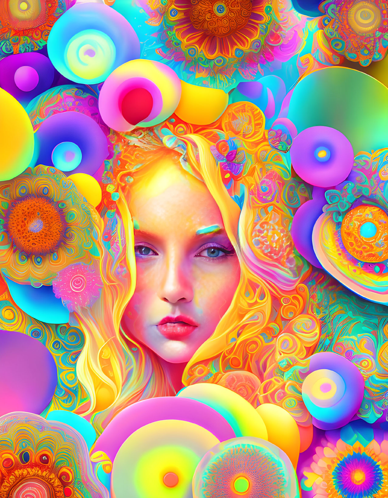 Colorful Woman's Face in Psychedelic Digital Portrait