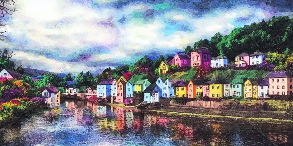 Scenic village with colorful houses by calm river