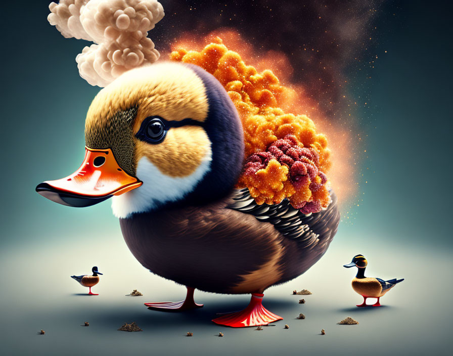 Colorful Duck with Oversized Plumage Surrounded by Smaller Ducks in Surreal Setting