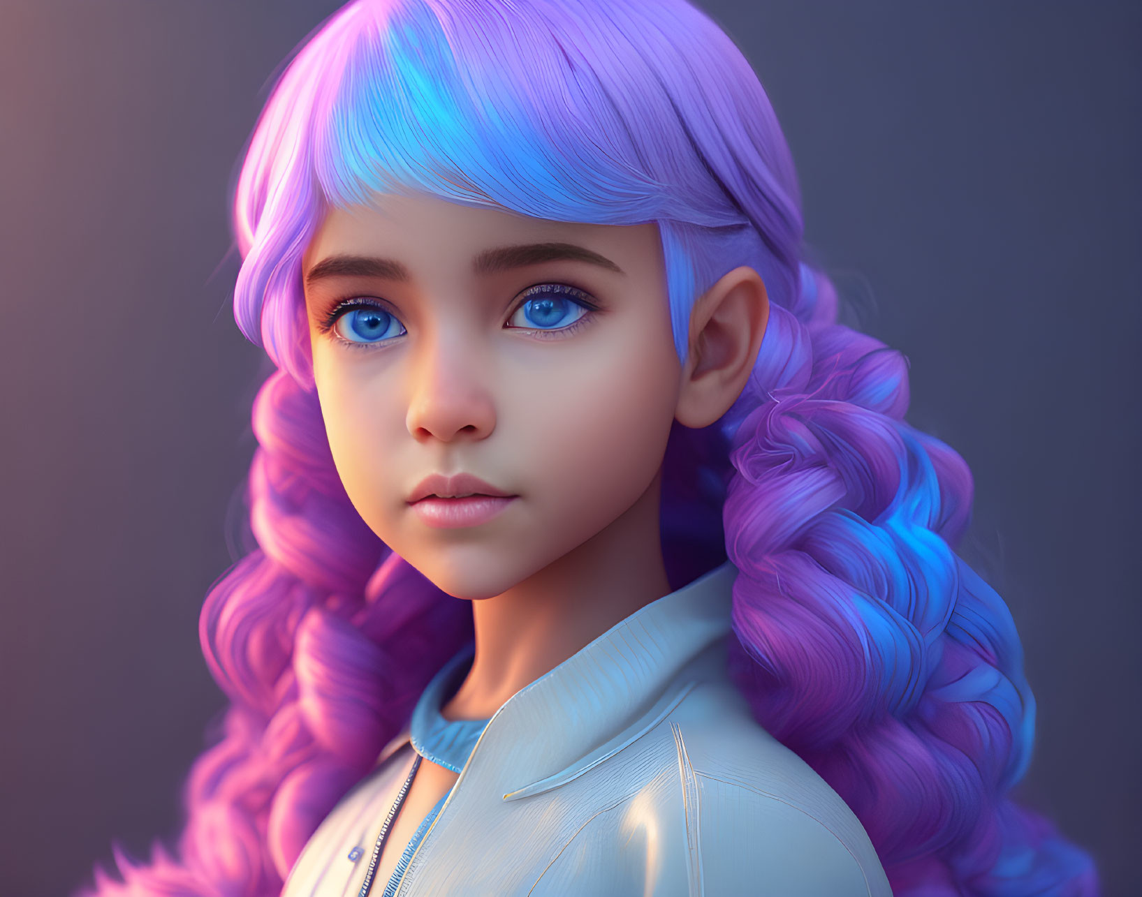 Digital portrait of young girl with blue eyes and purple braided hair on muted background