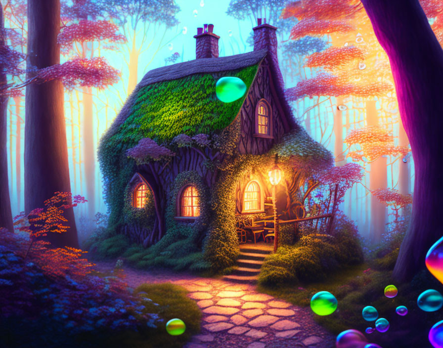 Enchanted cottage in magical forest with moss-covered roof and glowing bubbles