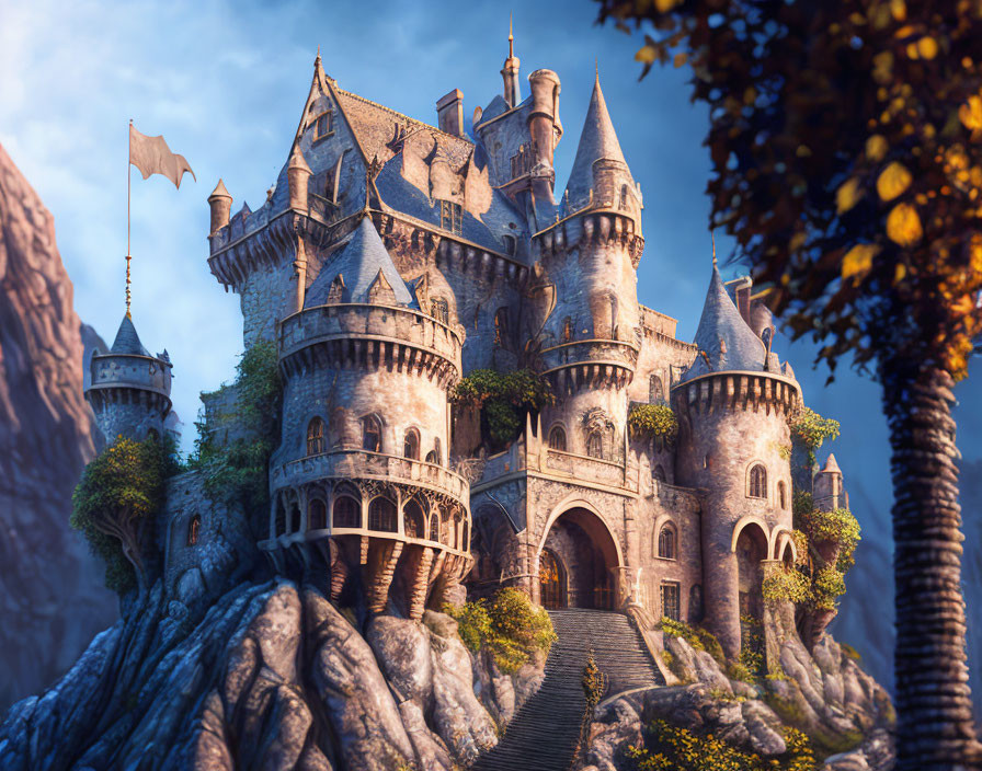 Castle with spires on rocky cliffs, flag waving, surrounded by lush trees.