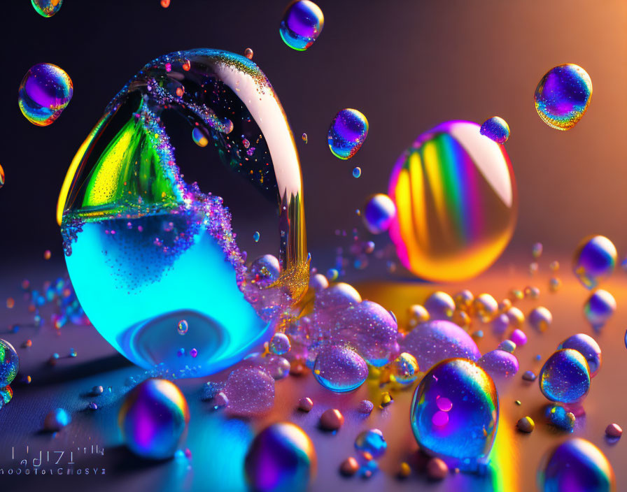 Colorful Water Droplets and Bubbles on Reflective Surface with Rainbow Backdrop