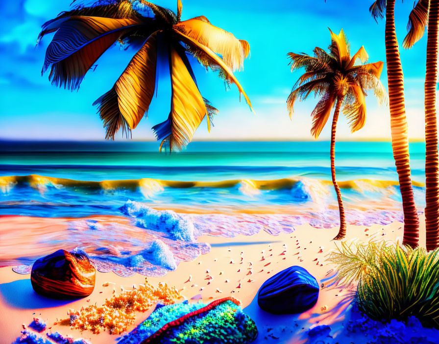 Colorful beach scene with golden sand, blue waves, towels, seashells, palm trees at