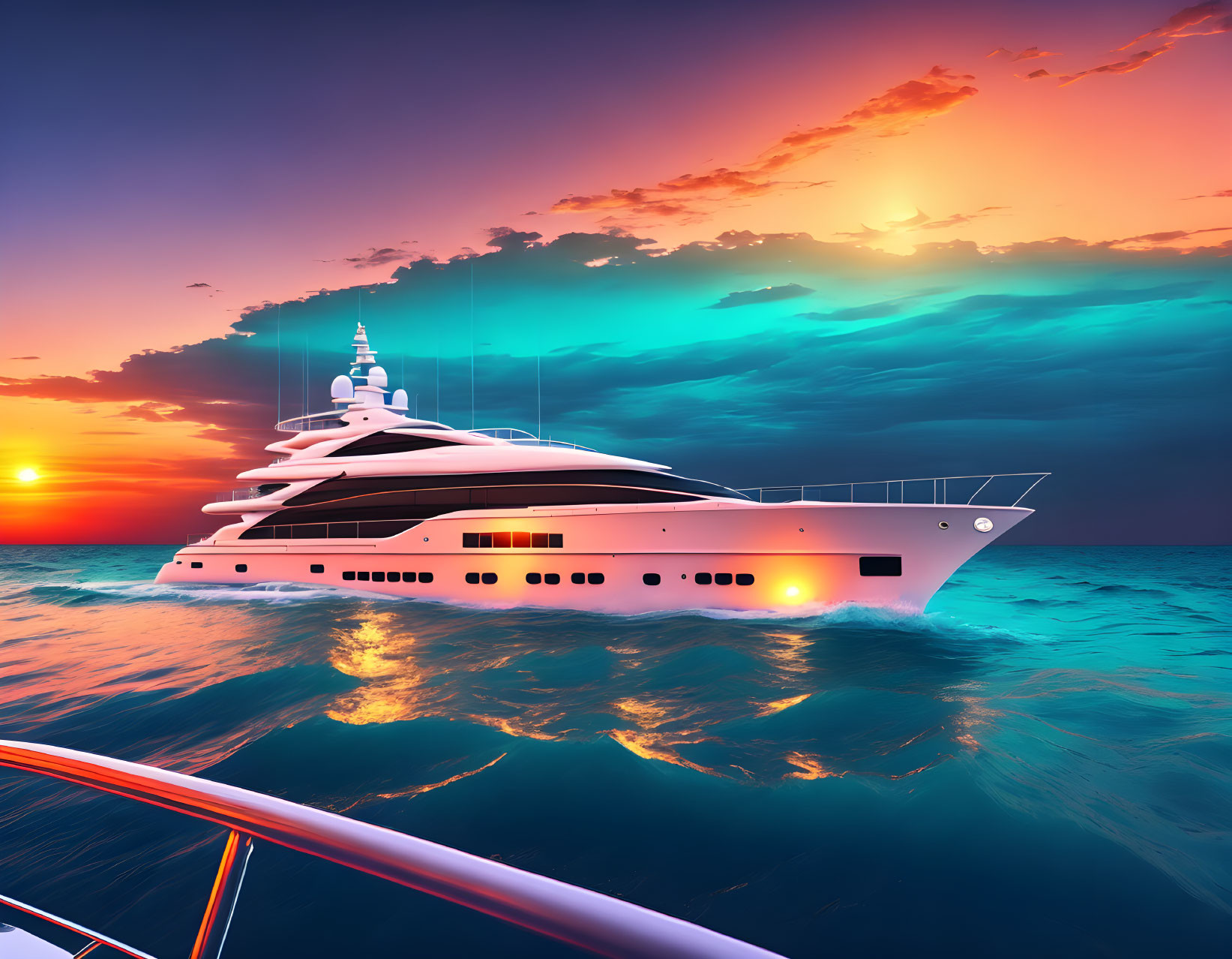 Luxury yacht sailing at sunset with blue and orange hues reflecting on water