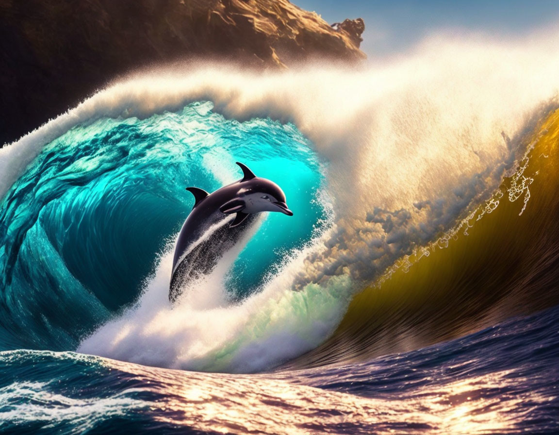 Orca leaping from turquoise wave with rocky cliff backdrop