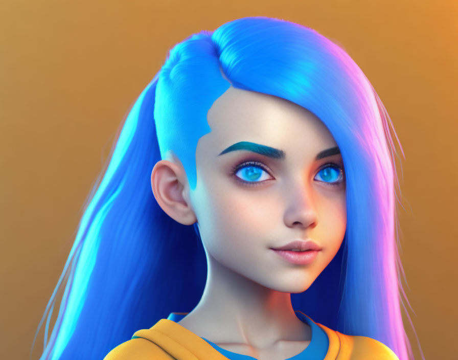 Digital Artwork: Girl with Vibrant Blue Hair and Large Blue Eyes on Orange Background