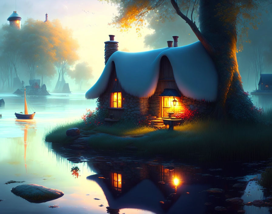 Tranquil fantasy landscape: thatched-roof cottage by calm river at dusk