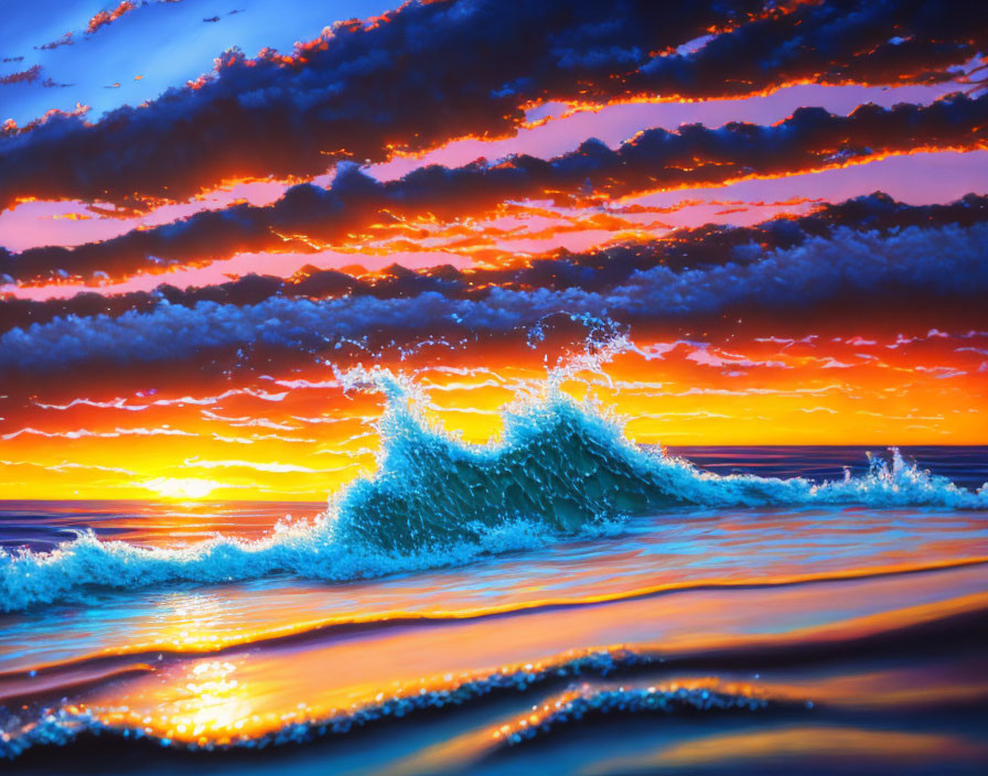 Dramatic orange and blue sunset over ocean waves