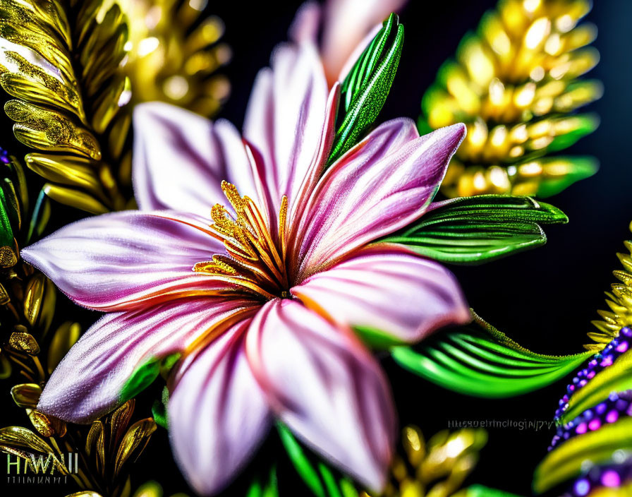 Detailed macro photo: Purple and white flower with golden foliage, sharp details, vibrant contrast