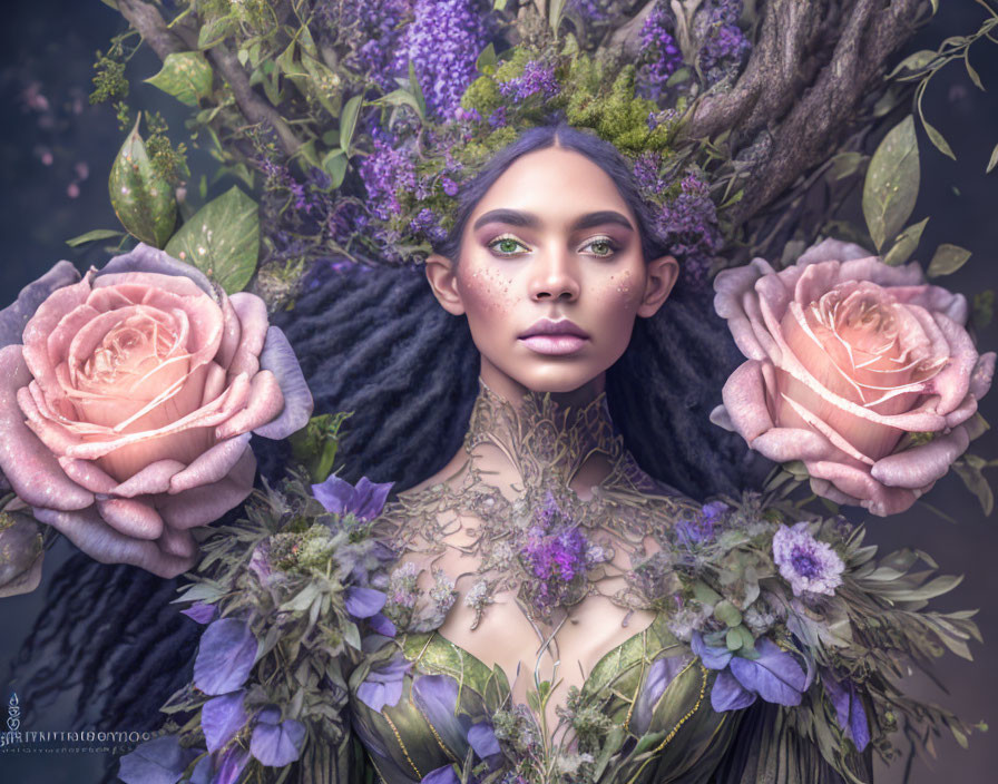 Surreal portrait of woman with floral elements and whimsical atmosphere