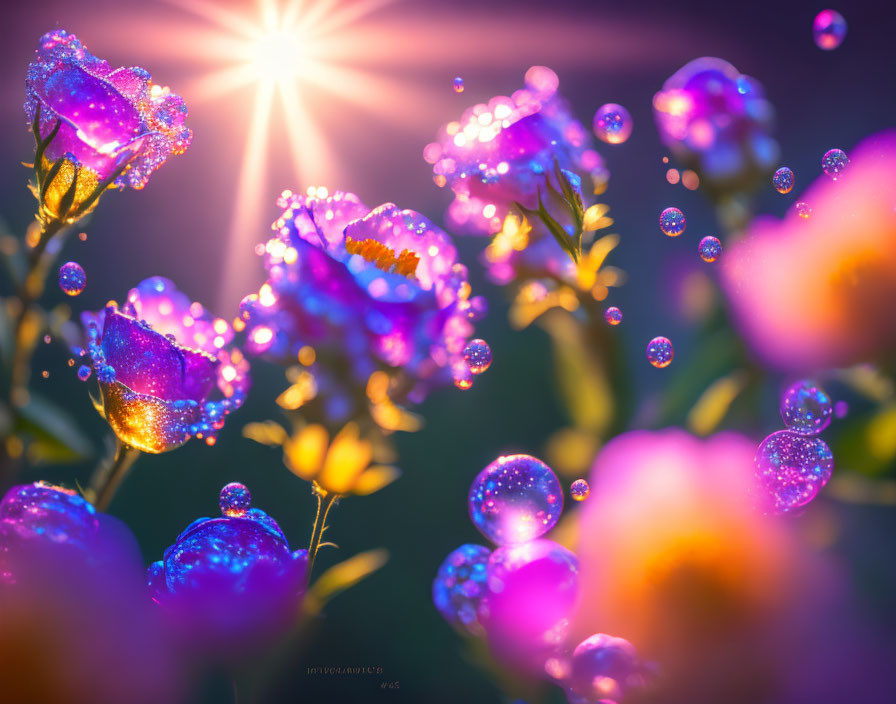 Vibrant purple and pink flowers with dewdrops under bright sunburst