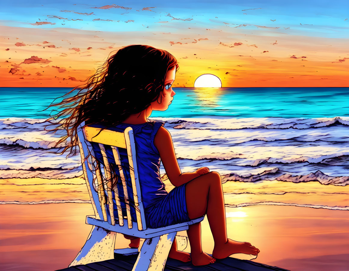 Girl on White Chair at Beach Watching Sunset Over Ocean