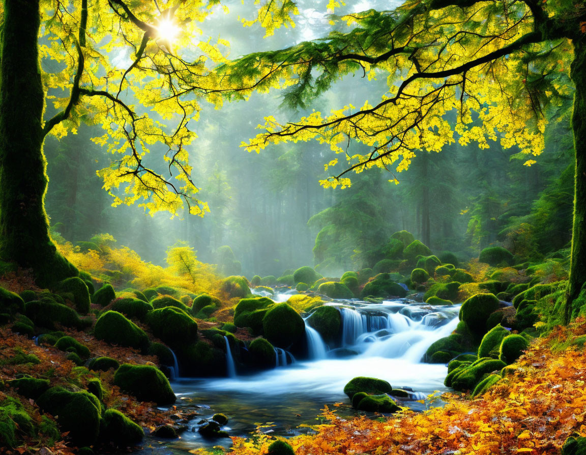 Autumn forest with sunbeam, stream, moss-covered rocks