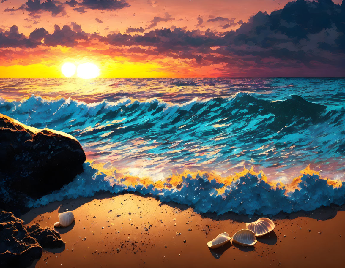 Scenic beach sunset with rolling waves and seashells