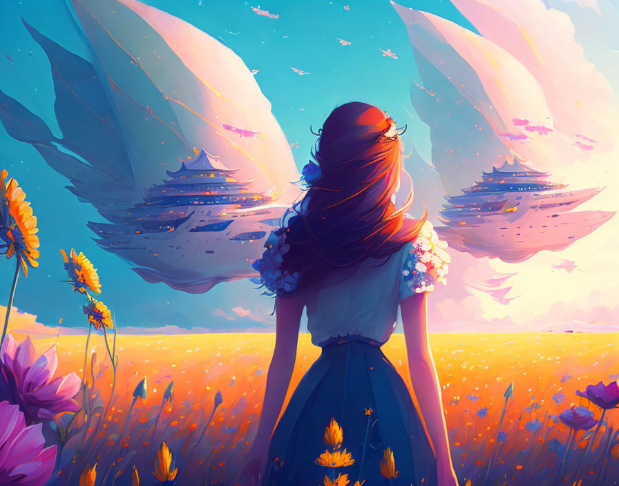 Girl with flowing hair in vibrant flower field under surreal sky