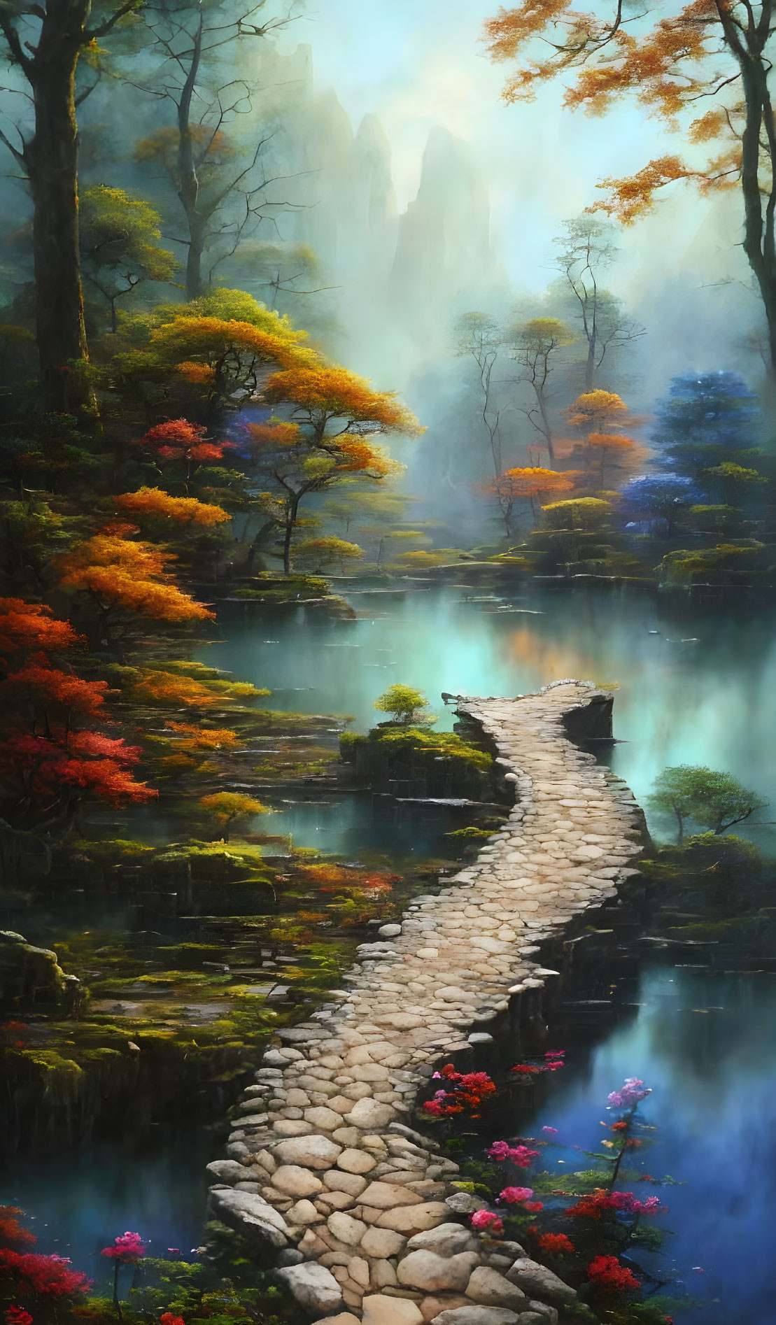 Tranquil forest scene with cobblestone path, misty lake, autumn trees, and shr
