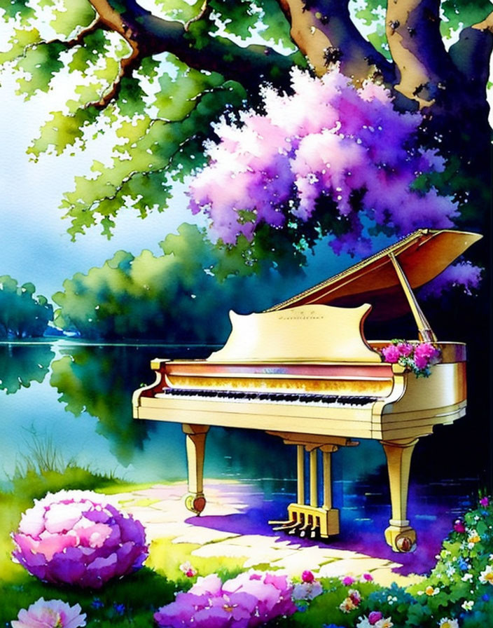 Illustrated grand piano by serene lakeside with lush trees and colorful flowers