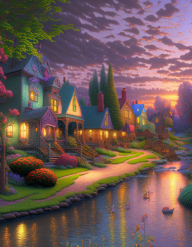 Victorian-style houses at dusk by serene river with warm lights and lush gardens