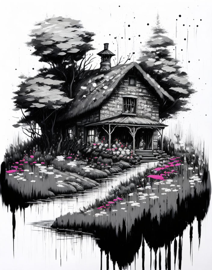 Monochrome illustration of a quaint cottage and nature scene.