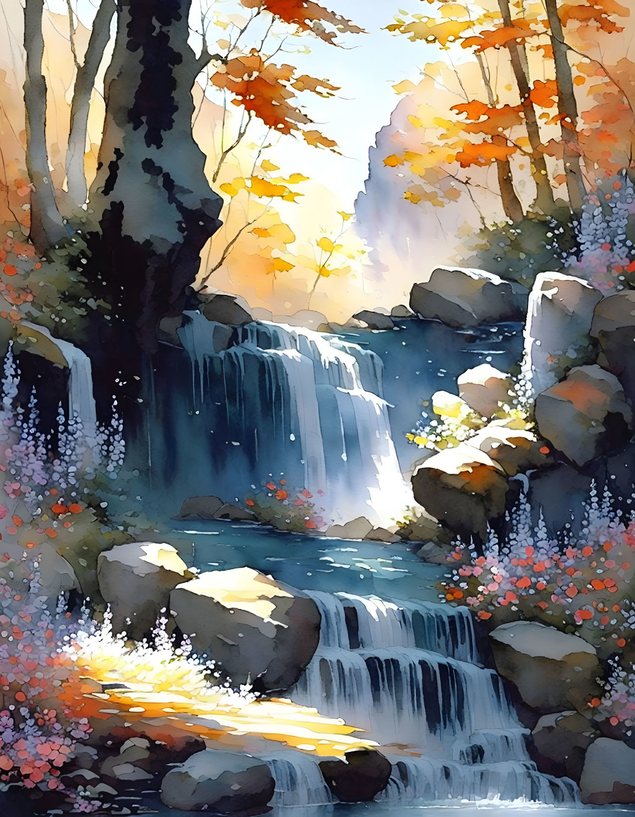 Colorful Watercolor Painting of Cascading Waterfall in Autumn Forest