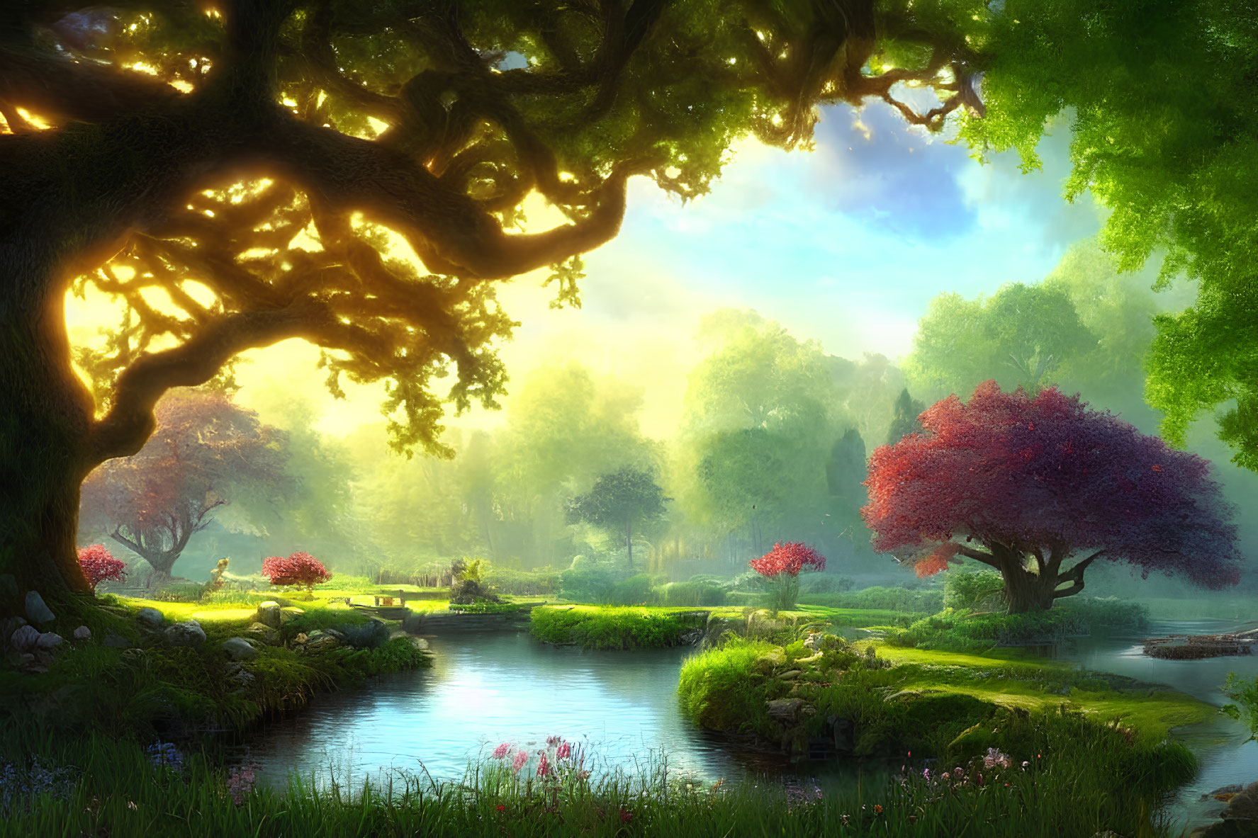 Tranquil sunrise landscape with river, trees, and flowers