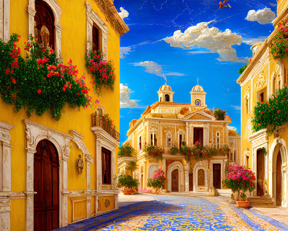 Colorful Street Scene with Cobalt Blue Pavement, Yellow Buildings, and Pink Flowers Under Blue Sky