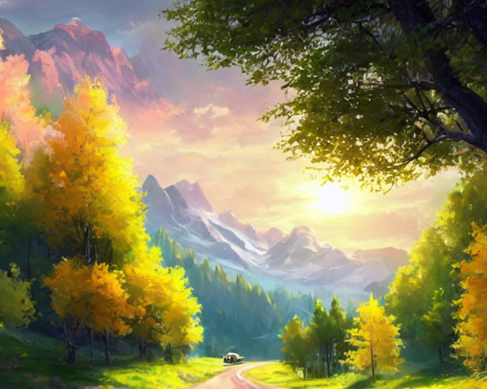 Autumn Landscape with Winding Road and Majestic Mountains