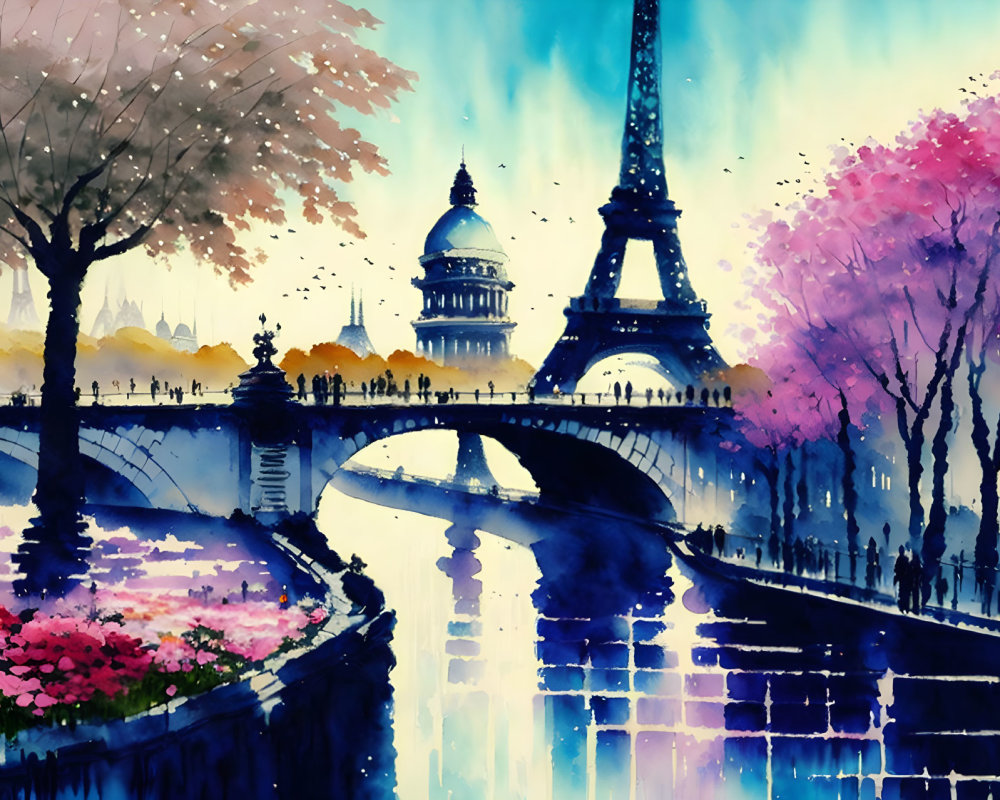 Vibrant watercolor of Paris with Eiffel Tower, dome building, bridge, and blo