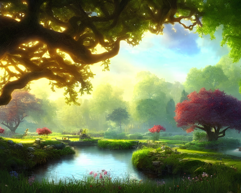 Tranquil sunrise landscape with river, trees, and flowers