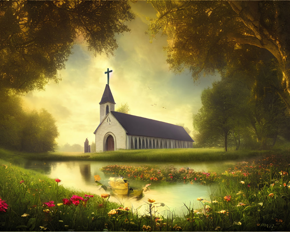 Serene church by calm lake with lush surroundings