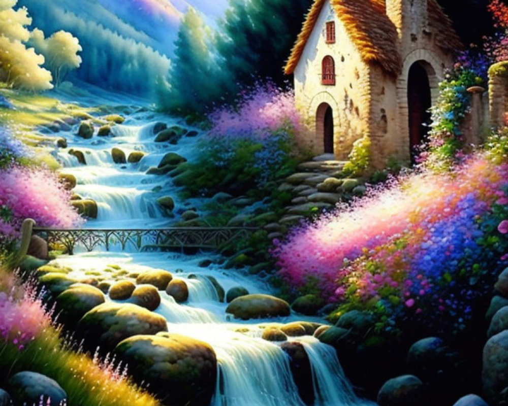 Colorful illustration of whimsical landscape with stone chapel, stream, flowers, and mountains