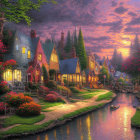 Victorian-style houses at dusk by serene river with warm lights and lush gardens