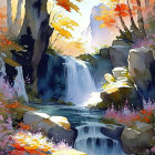Colorful Watercolor Painting of Cascading Waterfall in Autumn Forest