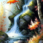 Serene waterfall in autumn forest with sunlight filtering through mist