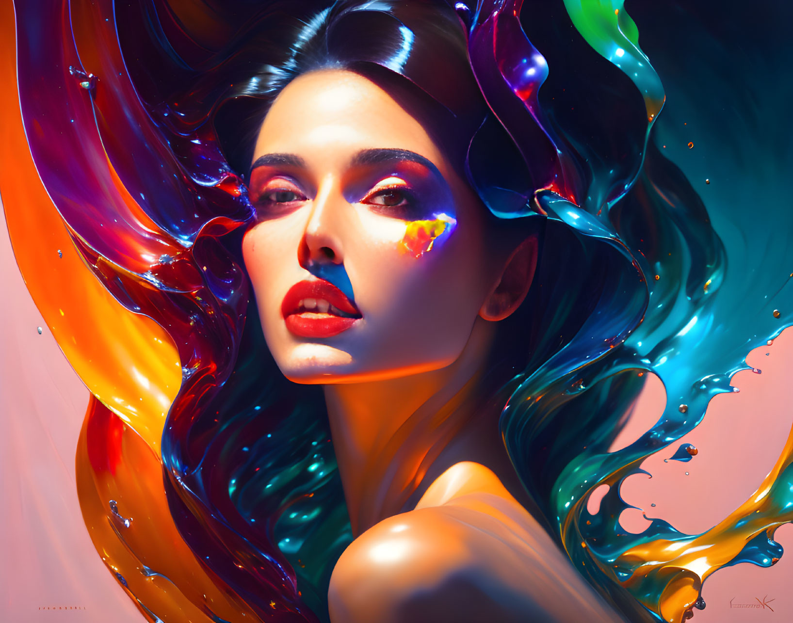 Colorful painting of a woman with flowing hair and vibrant swirls