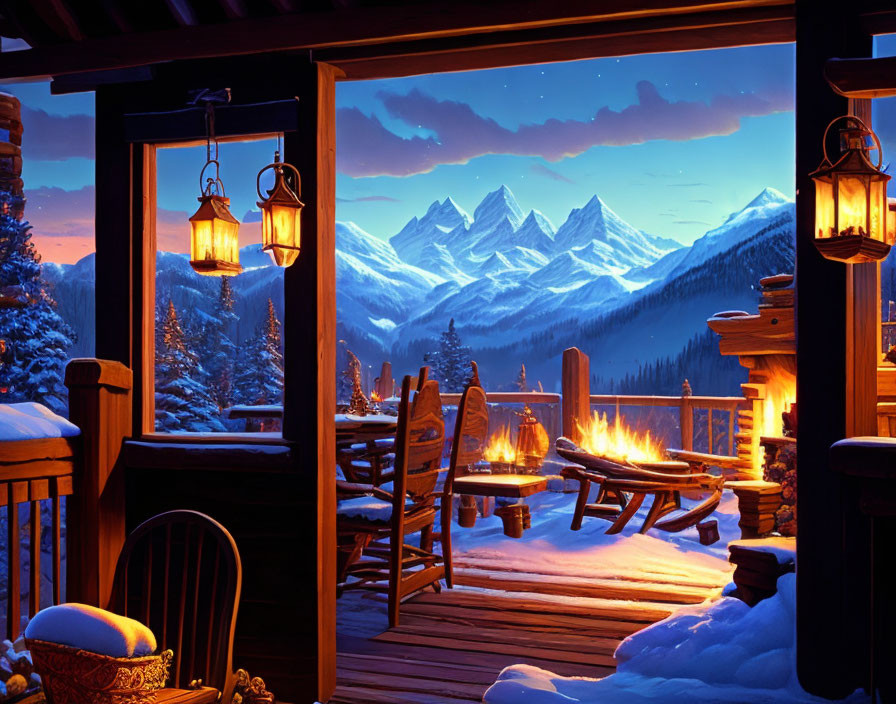 Snow-covered porch with lit lanterns and fire pit overlooking starry night sky and snowy mountains