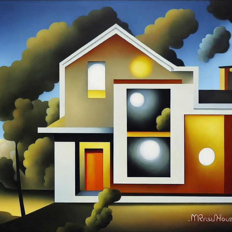 Surreal house painting with exaggerated spherical shapes