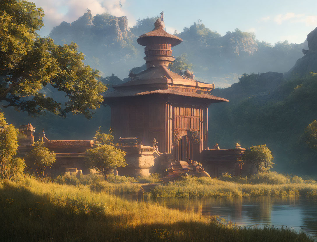 Tranquil ancient pagoda in lush greenery with serene pond and misty mountains.